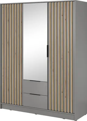 A three-door wardrobe with a central mirror and two drawers at the bottom, set against a light gray background.