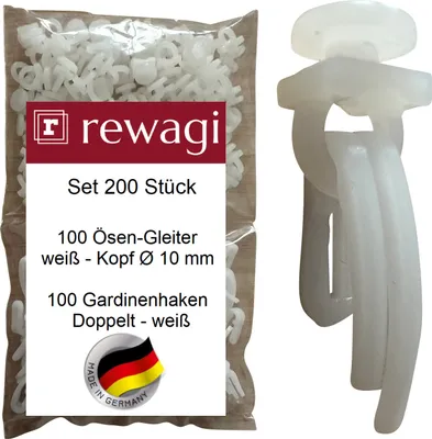 Produktbild von rewagi Set - 100 Ösen-Gleiter & 100 Gardinenhaken - Doppelt, Überklipshaken, Faltenhaken für Gardinenschienen.