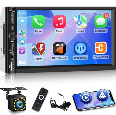 Imagen del producto de Radio para coche de 7 pulgadas, 2 DIN, con conectividad inalámbrica, pantalla táctil, radio FM, USB, AUX y cámara