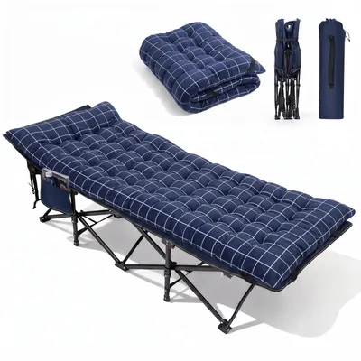 Produktbild von Sekey Tragbares Feldbett mit Matratze, Feldbett Klappbett Tragfähigkeit 200KG Campingbett für Indoor, Outdoor, Camping und Reisen, Blau-Kariert