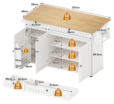Produktbild von okwish Küchenschränke Kücheninsel Beistellschrank mit klappbarer Arbeitsplatte und  6 feststellbaren Rollen,Sideboard mit Ablage und 2 großen Schubladen,Weiß