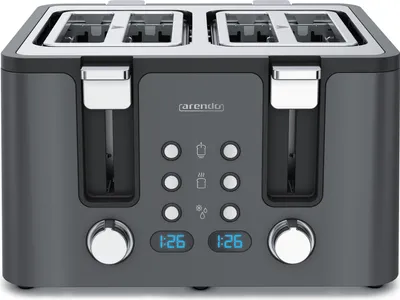 A front view of a dark gray four-slice toaster with a digital display and control buttons.