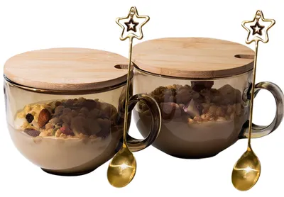 2 Gläser 480 ml mit Deckel und Löffel, Frühstücksglas