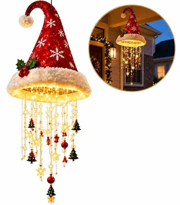 Produktbild von Weihnachtsdeko Hängelicht, LED Weihnachtsmütze mit warmweißem Licht, Sternen-Dekoration für Innen und Außen, 29 x 24 x 24 cm, 200 g