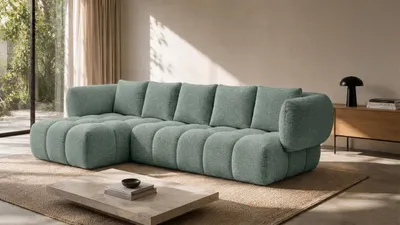 Image de Canapé d'angle Kaiser Möbel, forme en L, revêtement en tissu chenille Puente, couleur menthe, côté gauche, modèle SEVIO L