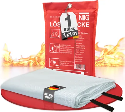 A fire blanket is shown folded in front of its red packaging, with flames in the background.