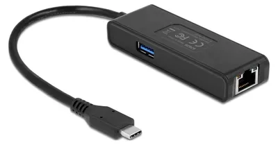 Produktbild von DeLOCK USB Type-C™ Adapter zu 2,5 Gigabit LAN mit USB Typ-A Buchse, USB 3.2 Gen 1 (3.1 Gen 1) Type-C, 10,100,1000 Mbit/s, IEEE 802.3, IEEE 802.3ab, IEEE 802.3az, IEEE 802.3bz, IEEE 802.3u, Schwarz, RJ-45, Aktivität, Link