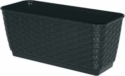 A black rectangular planter with a woven texture sits on a matching saucer.