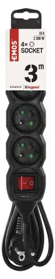 Prodlužovací kabel 3 m / 4 zásuvky / s vypínačem / černý / PVC / 1 mm2