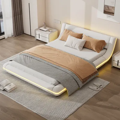 A modern bedroom with a white upholstered bed, nightstands, and a window with curtains.