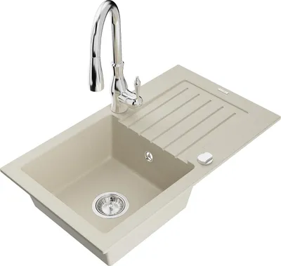 Immagine prodotto di Mexen Pablo lavello da cucina in granito a 1 vasca con scolapiatti e rubinetto da cucina Savita, beige - 6510-69-672601-00