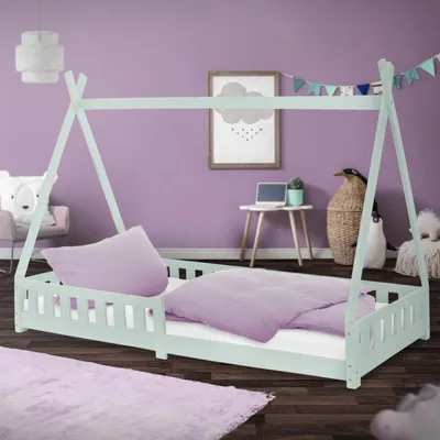Produktbild von ML-Design Kinderbett Tipi 90x200 cm mit Rausfallschutz und Lattenrost, Minzegrün, aus Kiefernholz, Hausbett mit Zaun, Bodenbett, Holzbett