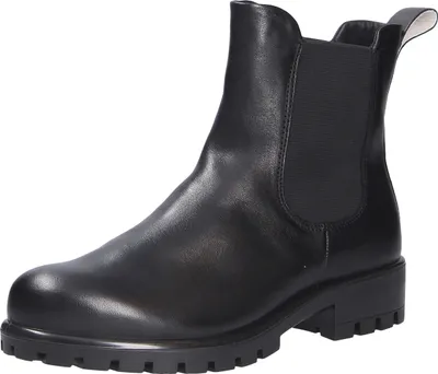 A black leather Chelsea boot is shown against a white background.