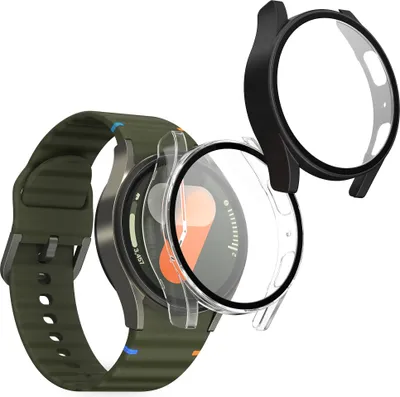 Produktbild von kwmobile 2x Cover kompatibel mit Samsung Galaxy Watch 7 40mm Hülle - Fullbody Fitnesstracker Case Set aus Glas - Transparent Schwarz