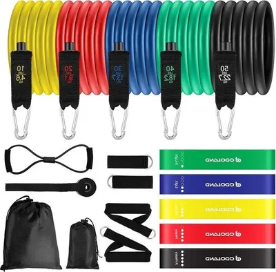 Produktbild von Weerstandsbanden-set mit 5 Bändern - mit Griff und Torsionsanker - für Krafttraining, Calisthenics, Crossfit, Pilates, Physiotherapie