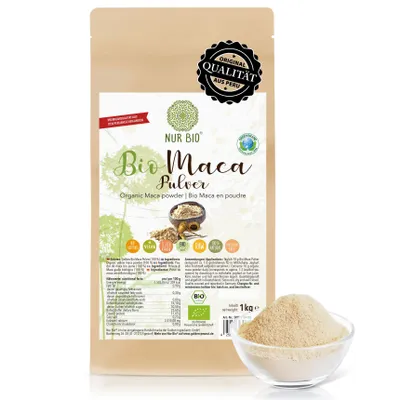 Produktbild von NurBio® Maca Pulver BIO 1 kg Macapulver gelb aus Peru, abgefüllt in Deutschland, naturrein, Rohkost ohne Zusätze, DE-ÖKO-003