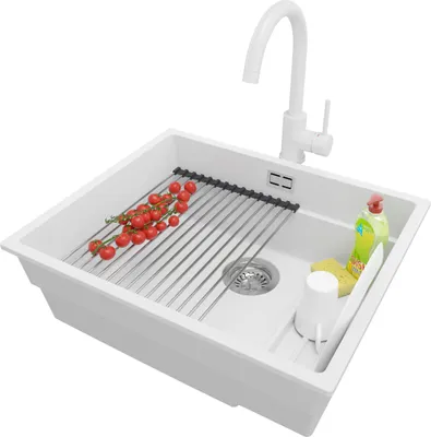 Produktbild von PRIMAGRAN Unterbauspüle Granit Weiß 56x47cm, Spülbecken 1 Becken + Ablauf-Set + Küchenzubehörset, Granitspüle ab 60er Unterschrank - Praga