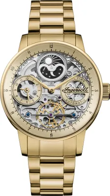 A close-up studio shot of a gold-colored mechanical watch with an open-heart dial.