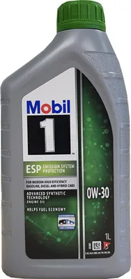 A bottle of Mobil 1 ESP 0W-30 engine oil.