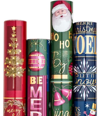 Obrázek produktu pro Dekorační papír na Vánoce, 4 role, rozměry 43,5 x 305 cm. Vzory: Santa Claus, sněhulák, vánoční stromek, zvonky