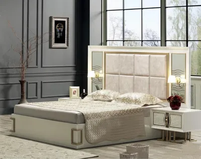 Immagine prodotto di Set da camera da letto in stile moderno con letto e due comodini.