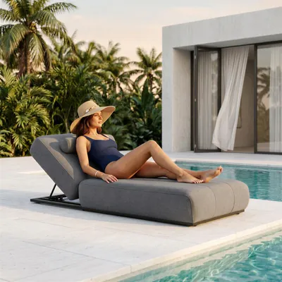 Produktbild von Sonnenliege TROPEA, gepolstert mit verstellbarem Kopfteil, Dunkelgrau - Outdoor Liege für Terrasse und Pool, wetterfeste Relaxliege aus Aluminium inklusive Abdeckhaube [max. Belastbarkeit 200 kg]