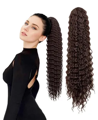 Image de Extension de cheveux, queue de cheval, 60 cm, longueurs ondulées, boucles, couleur châtain