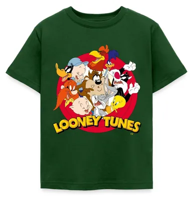 Produktbild von Spreadshirt Looney Tunes Bugs Bunny Logo Gruppenbild Kinder T-Shirt, 110/116 (5-6 Jahre), Forstgrün