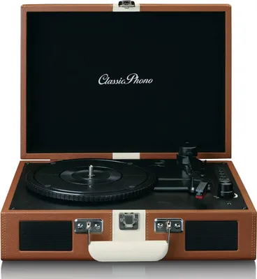 A vintage-style record player is shown open, with the lid up.