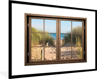 Produktbild von MuchoWow® Gerahmtes Poster Aussicht - Strand - Gras 90x60 cm - Poster mit Schwarzem Bilderrahmen Wandposter Rahmen Foto Bilder - Wanddekoration - Fotos