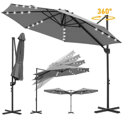 Zdjęcie produktu dla Parasol ogrodowy Ikodm 3 m, szary, parasol z ramieniem wysuwanym i 28 diodami LED, parasol z korbką, wodoodporny, obracany o 360° i pochylany w zakresie 0–60°, UV50+, wodoodporny