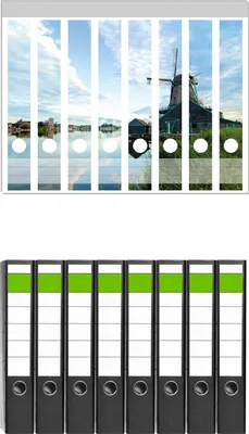 Produktbild von Wallario 8 Stück schmale Ordner inkl. Klebeetiketten mit Motive Alte Windmühle an einem Fluss -  Set mit Rückenschildern / Ordnerrücken Stickern