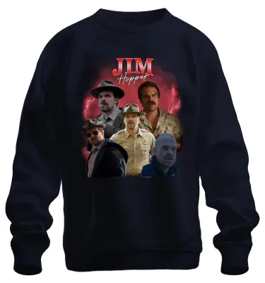 Imagen del producto de Sudadera uni, estilo pullover, color azul marino, con diseño de Jim Hopper, el sheriff de Hawkins, ideal como regalo para fans de la serie, estilo años 90, diseño "bootleg", talla S