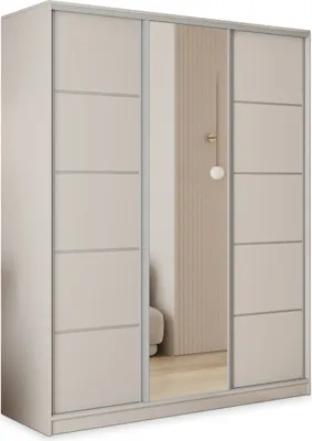 A three-door sliding wardrobe with a mirror in the center, shown from a front-diagonal angle.