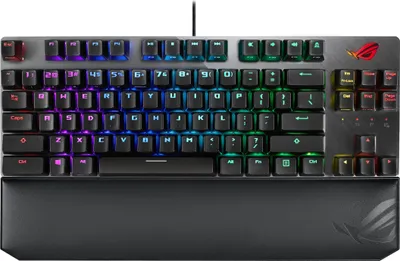 A close-up, front-facing view of a black and gray mechanical keyboard with RGB backlighting and a detachable wrist rest.