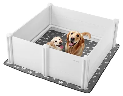 Produktbild von VEVOR Wurfbox für Hunde, 48 x 48 x 18,1 Zoll, Kunststoff PVC Welpen-Spielbereich mit höhenverstellbarer Tür und waschbarem Urinpad, anti-deformierbarer Indoor-Welpen-Spielbereich für große Hunderassen, Milchweiß, 122x122x46 cm