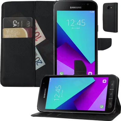 A collage of a Samsung Galaxy Xcover 4 smartphone with a black flip case, showing the phone's screen and the case's card slots.