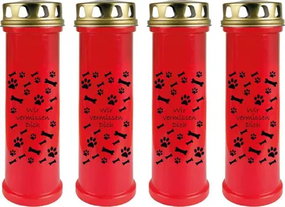 Produktbild von Grabkerze Rot 4er Pack, Brenndauer: 100 Stunden ( je Kerze ), Motiv: Knochen - Pfoten