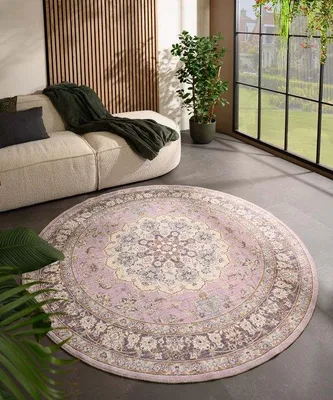Image de Tapis rond vintage Unyqoos® Valenca Nova, diamètre 160 cm, violet/rose. Tapis d'intérieur et d'extérieur avec une structure en maille 3D pour un amorti doux, lavable