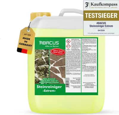Produktbild von ABACUS® Steinreiniger Extrem, intensiver Steinreiniger für außen mit Sofortwirkung, entfernt sofort Schmutz, Grünbelag & Flechten auf Steinen 1x 2,5L