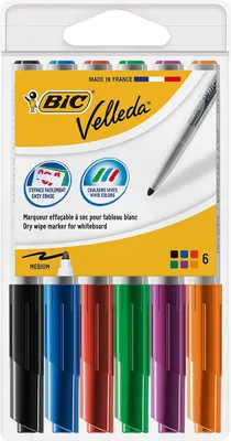 Produktbild von Bic velleda 1741 Packung mit 6 Whiteboard-Markern - mittlere Spitze - 1,4 mm Strich - optimale Radierbarkeit - farblich sortiert