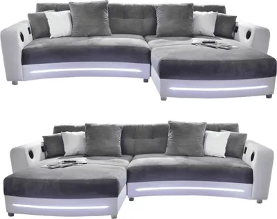 Produktbild von Multimedia-Ecksofa Couch mit RGB-LED Bluetooth Soundsystem USB in Grau / Weiß / 15410