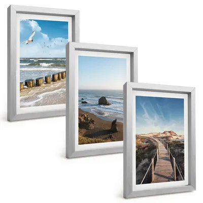 Produktbild von Bilder Set 3-teilig im silbergerahmten Rahmen – Wandbilder 3 Stück – gerahmte Poster für Wohnzimmer, Schlafzimmer und Flur – 20x30 cm – Strandwellen, Himmelsbrücke, Spaziergang