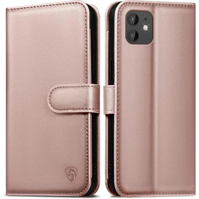 Productafbeelding van Telefoontas voor iPhone 11 met 6 kaarthouders, RFID-blokkering, standfunctie, roze goud