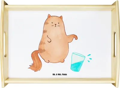 Produktbild von Mr. & Mrs. Panda Tablett Katze Wasserglas - Weiß - Geschenk, Cat, getränketablett, Kater, serviertablett aus holz, Servier, Katzen, Cats, Holztablett, für bett