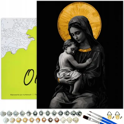 Produktbild von Malen nach Zahlen Erwachsene Religion Madonna Gold 50x40 - 16 Acrylfarben, Leinwand mit Holzrahmen, 3 Pinseln, Zubehör, Goldfarbe Oh Art!