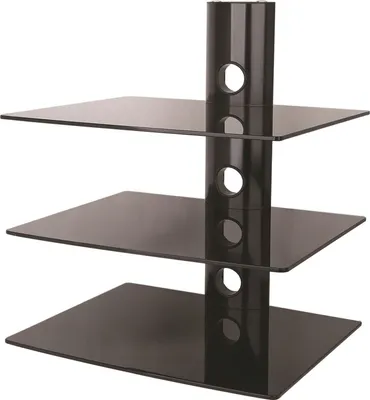 A black glass TV shelf with three tiers, mounted on a central pole.