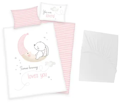 Produktbild von 3 tlg Baby Bettwäsche Set - kleines Häschen - Renforcé - 40x60 100x135 cm + 1 Spannbettlaken weiß 60x120 - 70x140 cm