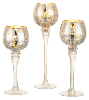 3er-Set Glas-Teelichthalter, silber, 23-30 cm, für Kerzen