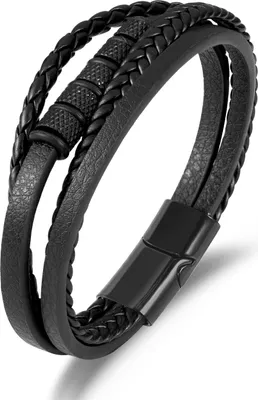 Image de Bracelet noir pour homme en cuir avec acier inoxydable noir, 21 cm